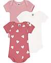 Petit Bateau Set of 3 Short Sleeve Bodysuits - White - Pink Stripes - Hearts - 100% Cotton Short Sleeves Bodies
