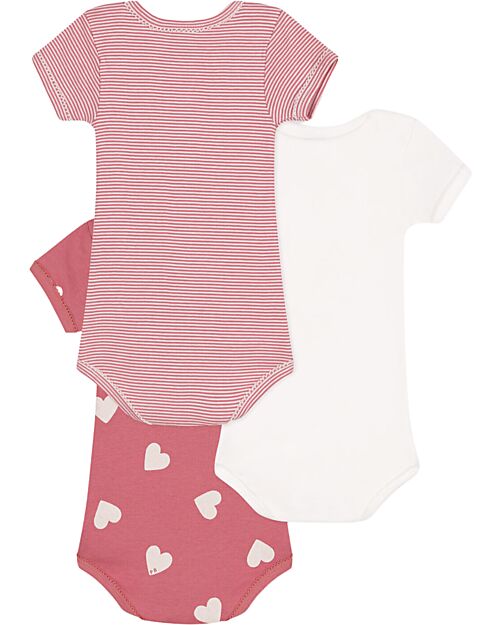 Petit Bateau Set of 3 Short Sleeve Bodysuits - White - Pink Stripes - Hearts - 100% Cotton Short Sleeves Bodies