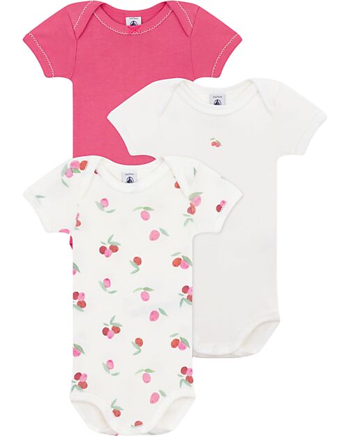 Petit Bateau Set of 3 Short Sleeve Bodysuits - White - Red - Fruits - 100% Cotton Short Sleeves Bodies