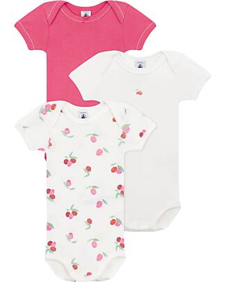 Petit Bateau Set of 3 Short Sleeve Bodysuits - White - Red - Fruits - 100% Cotton Short Sleeves Bodies