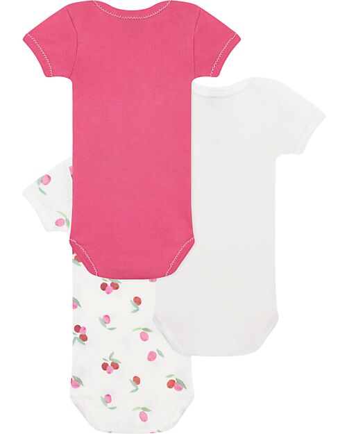Petit Bateau Set of 3 Short Sleeve Bodysuits - White - Red - Fruits - 100% Cotton Short Sleeves Bodies