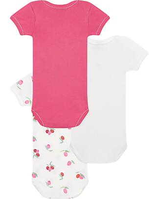 Petit Bateau Set of 3 Short Sleeve Bodysuits - White - Red - Fruits - 100% Cotton Short Sleeves Bodies