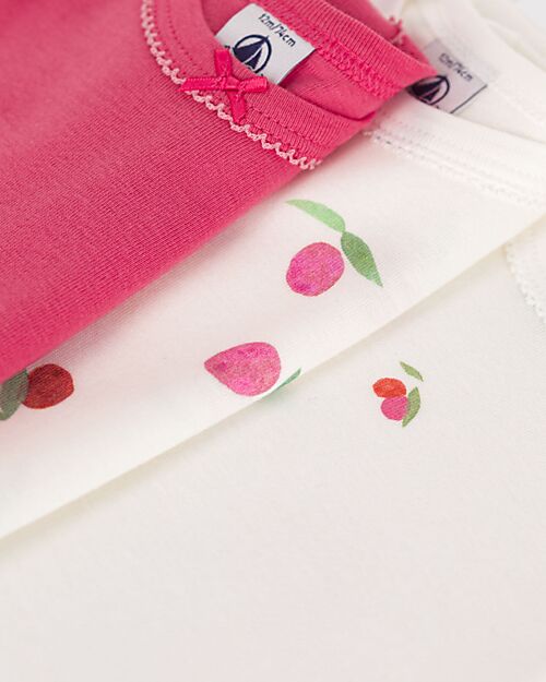Petit Bateau Set of 3 Short Sleeve Bodysuits - White - Red - Fruits - 100% Cotton Short Sleeves Bodies