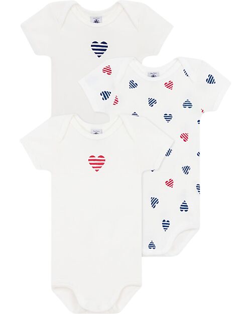 Petit Bateau Set of 3 Short Sleeve Bodysuits - White - Striped Hearts - 100% Cotton Short Sleeves Bodies