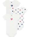 Petit Bateau Set of 3 Short Sleeve Bodysuits - White - Striped Hearts - 100% Cotton Short Sleeves Bodies