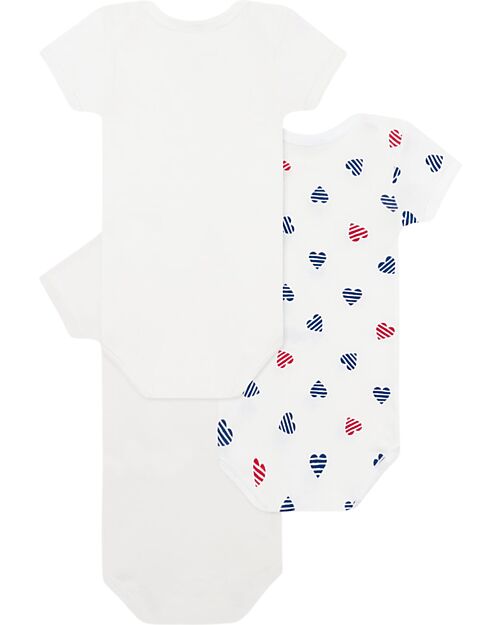 Petit Bateau Set of 3 Short Sleeve Bodysuits - White - Striped Hearts - 100% Cotton Short Sleeves Bodies