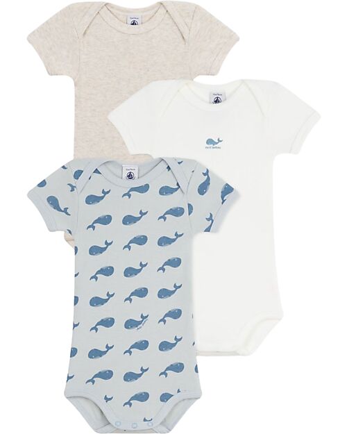 Petit Bateau Set of 3 Short-Sleeved Bodysuits - Beige and White - Whales - 100% Cotton Short Sleeves Bodies