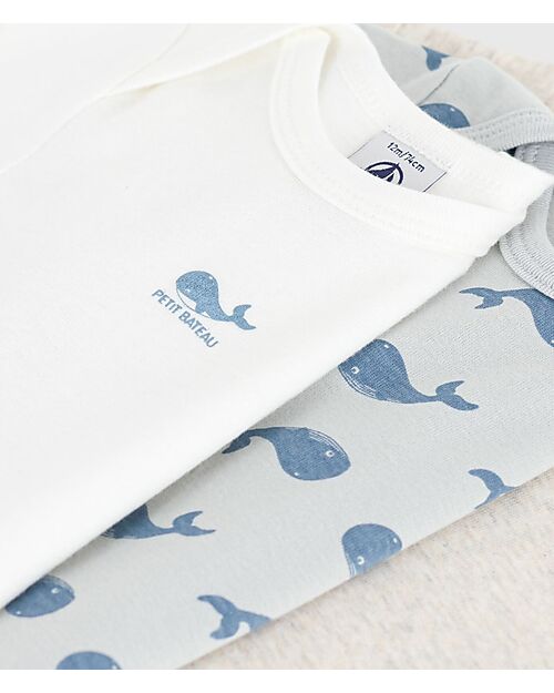 Petit Bateau Set of 3 Short-Sleeved Bodysuits - Beige and White - Whales - 100% Cotton Short Sleeves Bodies