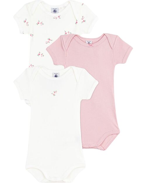 Petit Bateau Set of 3 Short-Sleeved Bodysuits - Light Blue and White - Flowers - 100% Cotton Short Sleeves Bodies