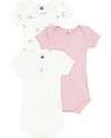 Petit Bateau Set of 3 Short-Sleeved Bodysuits - Light Blue and White - Flowers - 100% Cotton Short Sleeves Bodies