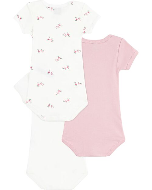 Petit Bateau Set of 3 Short-Sleeved Bodysuits - Light Blue and White - Flowers - 100% Cotton Short Sleeves Bodies