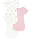 Petit Bateau Set of 3 Short-Sleeved Bodysuits - Light Blue and White - Flowers - 100% Cotton Short Sleeves Bodies