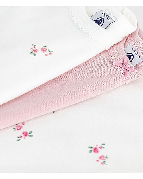 Petit Bateau Set of 3 Short-Sleeved Bodysuits - Light Blue and White - Flowers - 100% Cotton Short Sleeves Bodies