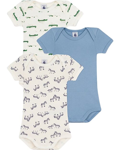 Petit Bateau Set of 3 Short-Sleeved Bodysuits - Light Blue - Crocodiles/Zebras - 100% Cotton Short Sleeves Bodies
