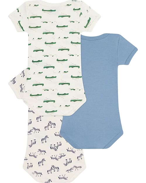 Petit Bateau Set of 3 Short-Sleeved Bodysuits - Light Blue - Crocodiles/Zebras - 100% Cotton Short Sleeves Bodies