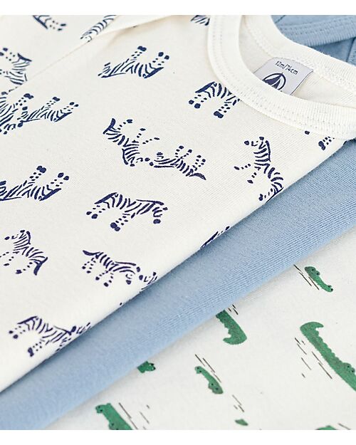 Petit Bateau Set of 3 Short-Sleeved Bodysuits - Light Blue - Crocodiles/Zebras - 100% Cotton Short Sleeves Bodies