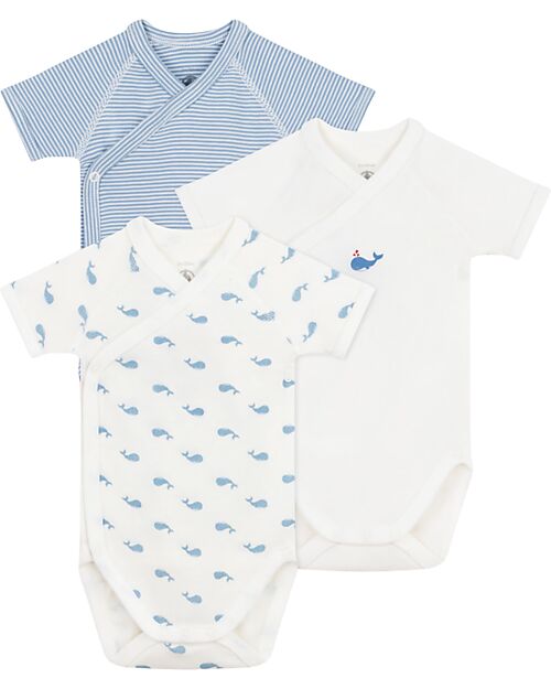 Petit Bateau Set of 3 Short-Sleeved Bodysuits - White and Light Blue - Milleraies/Whales - 100% Cotton Short Sleeves Bodies