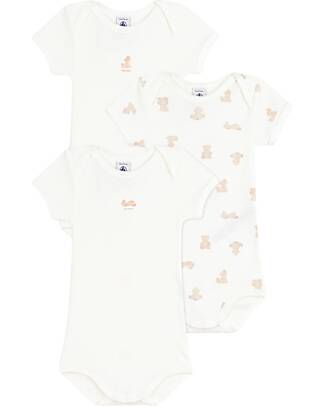Petit Bateau Set of 3 Short-Sleeved Bodysuits - White - Teddy Bears - 100% Cotton Short Sleeves Bodies