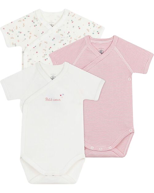 Petit Bateau Set of 3 Short-Sleeved Wrap Bodysuits - White and Red - Milleraies - Stars - 100% Cotton Short Sleeves Bodies