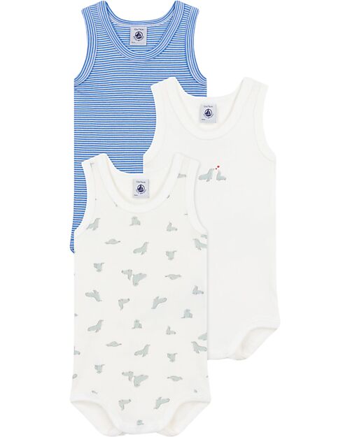 Petit Bateau Set of 3 Sleeveless Bodysuits - White - Blue Stripes - Seals - 100% Cotton Short Sleeves Bodies