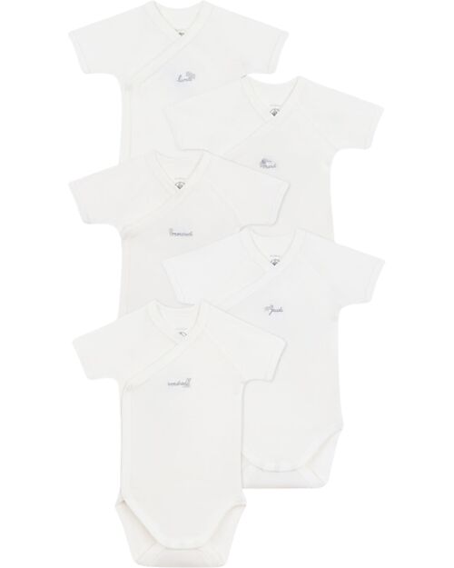 Petit Bateau Set of 5 Cross-over Short Sleeve Bodysuits - White - Animals - Days of the Week - 100% Organic Cotton Short Sleeves Bodies