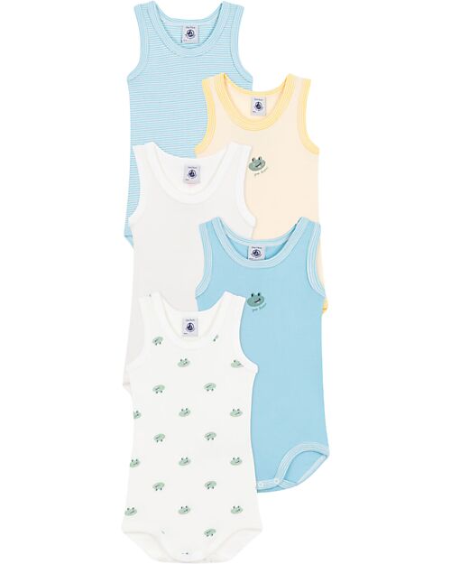 Petit Bateau Set of 5 Sleeveless Bodysuits - White - Pink - Blue - Frog - Blue Stripes - 100% Organic Cotton Short Sleeves Bodies