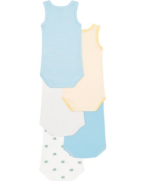 Petit Bateau Set of 5 Sleeveless Bodysuits - White - Pink - Blue - Frog - Blue Stripes - 100% Organic Cotton Short Sleeves Bodies