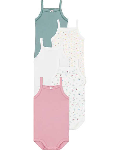Petit Bateau Set of 5 Tank Tops - White - Pink - Green - Fruits - Hearts - 100% Organic Cotton Short Sleeves Bodies