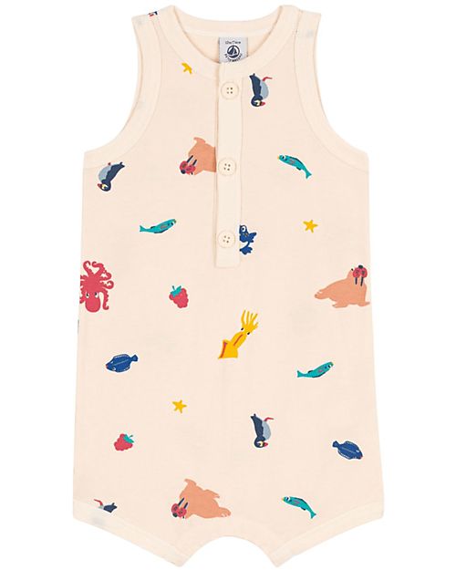 Petit Bateau Short Onepiece Beige with Sea Animal - 100% Organic Cotton Short Rompers