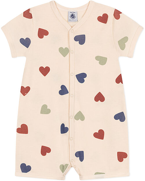 Petit Bateau Short Onepiece White Avalanche with Multicolor Hearts - 100% Organic Cotton Short Rompers