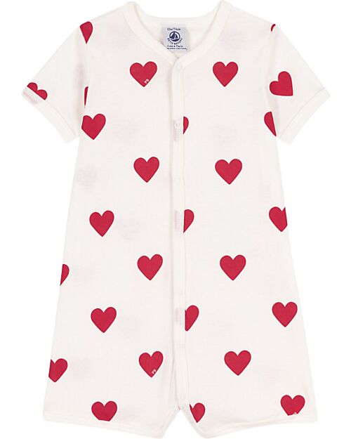 Petit Bateau Short Onepiece White with Red Hearts - 100% Organic Cotton Short Rompers