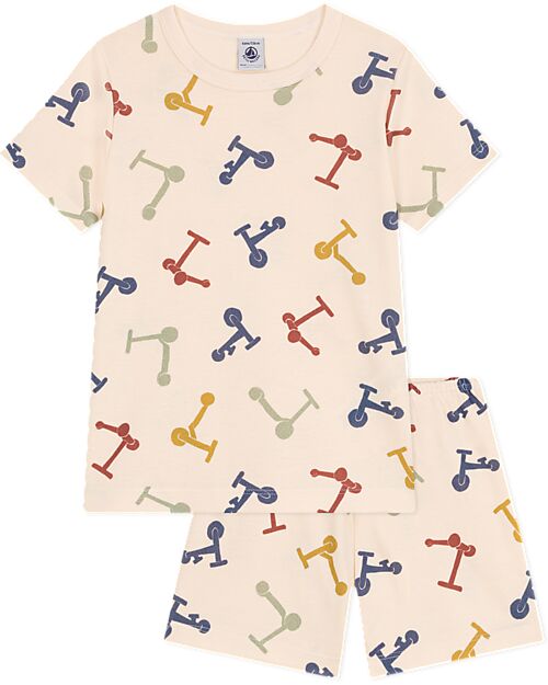 Petit Bateau Short-Sleeve 2-Piece Pajamas - Scooters - White - 100% Oeko-Tex Cotton Pyjamas