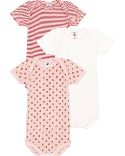 Petit Bateau Short Sleeve Body - Pack of 3 - White/Pink with Flowers/Red Stripes - 100% Organic Cotton Short Sleeves Bodies