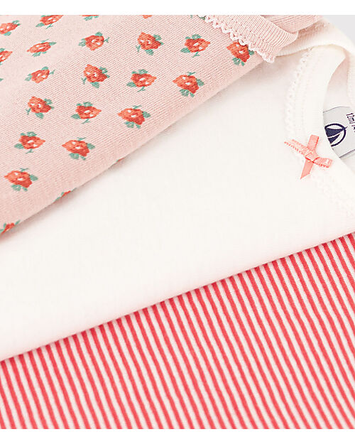 Petit Bateau Short Sleeve Body - Pack of 3 - White/Pink with Flowers/Red Stripes - 100% Organic Cotton Short Sleeves Bodies