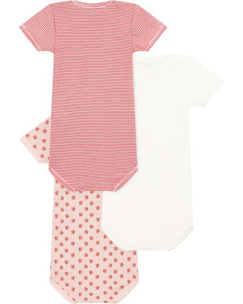 Petit Bateau Short Sleeve Body - Pack of 3 - White/Pink with Flowers/Red Stripes - 100% Organic Cotton Short Sleeves Bodies