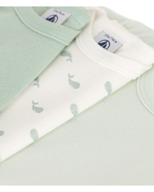 Petit Bateau Short-Sleeve Bodysuit - Pack of 3 - Sage Green - Whales - 100% Cotton Short Sleeves Bodies
