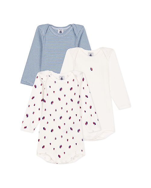 Petit Bateau Short-Sleeve Bodysuit - Pack of 3 - White and Blue - Boats and Stripes - 100% Cotton Long Sleeves Bodies