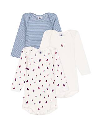 Petit Bateau Short-Sleeve Bodysuit - Pack of 3 - White and Blue - Boats and Stripes - 100% Cotton Long Sleeves Bodies