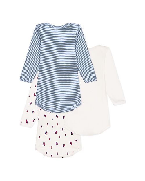 Petit Bateau Short-Sleeve Bodysuit - Pack of 3 - White and Blue - Boats and Stripes - 100% Cotton Long Sleeves Bodies