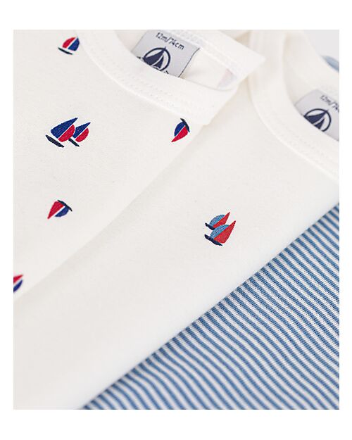 Petit Bateau Short-Sleeve Bodysuit - Pack of 3 - White and Blue - Boats and Stripes - 100% Cotton Long Sleeves Bodies