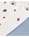 Petit Bateau Short-Sleeve Bodysuit - Pack of 3 - White and Blue - Boats and Stripes - 100% Cotton Long Sleeves Bodies