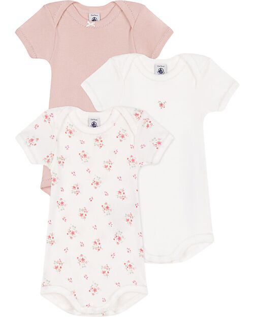 Petit Bateau Short-Sleeve Bodysuit - Pack of 3 - White and Pink - Flowers - 100% Cotton Short Sleeves Bodies
