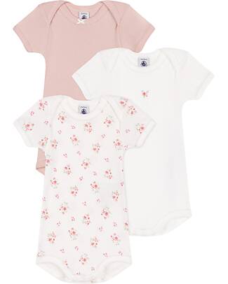 Petit Bateau Short-Sleeve Bodysuit - Pack of 3 - White and Pink - Flowers - 100% Cotton Short Sleeves Bodies