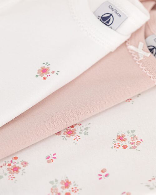 Petit Bateau Short-Sleeve Bodysuit - Pack of 3 - White and Pink - Flowers - 100% Cotton Short Sleeves Bodies