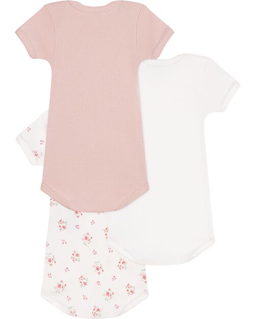 Petit Bateau Short-Sleeve Bodysuit - Pack of 3 - White and Pink - Flowers - 100% Cotton Short Sleeves Bodies