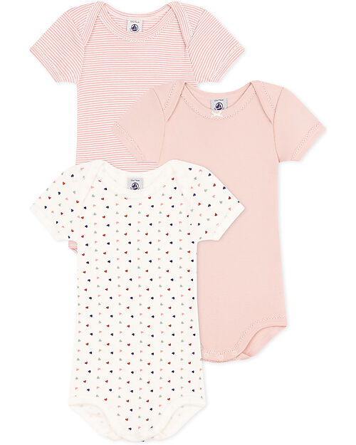 Petit Bateau Short Sleeve Bodysuit - Pack of 3 - White and Pink Hearts and Stripes - 100% Organic Cotton Short Sleeves Bodies