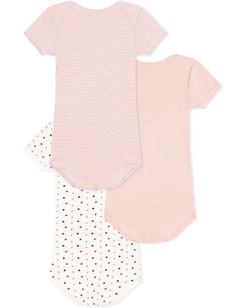 Petit Bateau Short Sleeve Bodysuit - Pack of 3 - White and Pink Hearts and Stripes - 100% Organic Cotton Short Sleeves Bodies