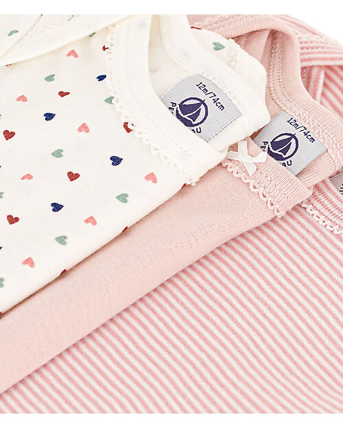 Petit Bateau Short Sleeve Bodysuit - Pack of 3 - White and Pink Hearts and Stripes - 100% Organic Cotton Short Sleeves Bodies