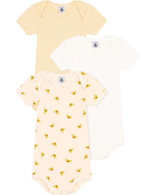 Petit Bateau Short Sleeve Bodysuit - Pack of 3 - White and Yellow Koala and Stripes - 100% Organic Cotton Short Sleeves Bodies