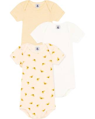 Petit Bateau Short Sleeve Bodysuit - Pack of 3 - White and Yellow Koala and Stripes - 100% Organic Cotton Short Sleeves Bodies